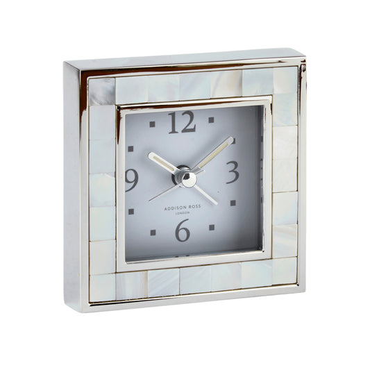 Mother of Pearl Shell & Silver Square Silent Alarm Clock - Addison Ross Ltd UK