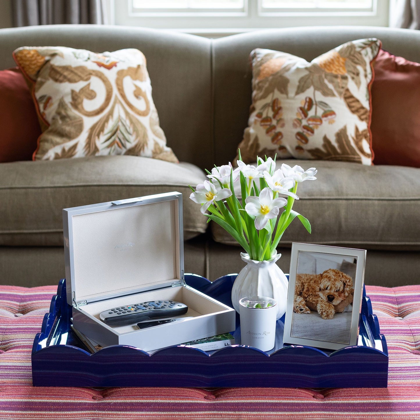 Navy Large Lacquered Scallop Ottoman Tray