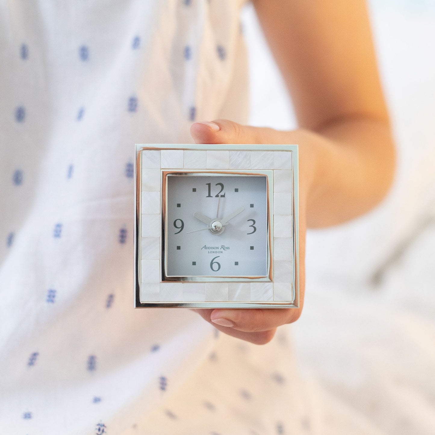 Mother of Pearl Shell & Silver Square Alarm Clock