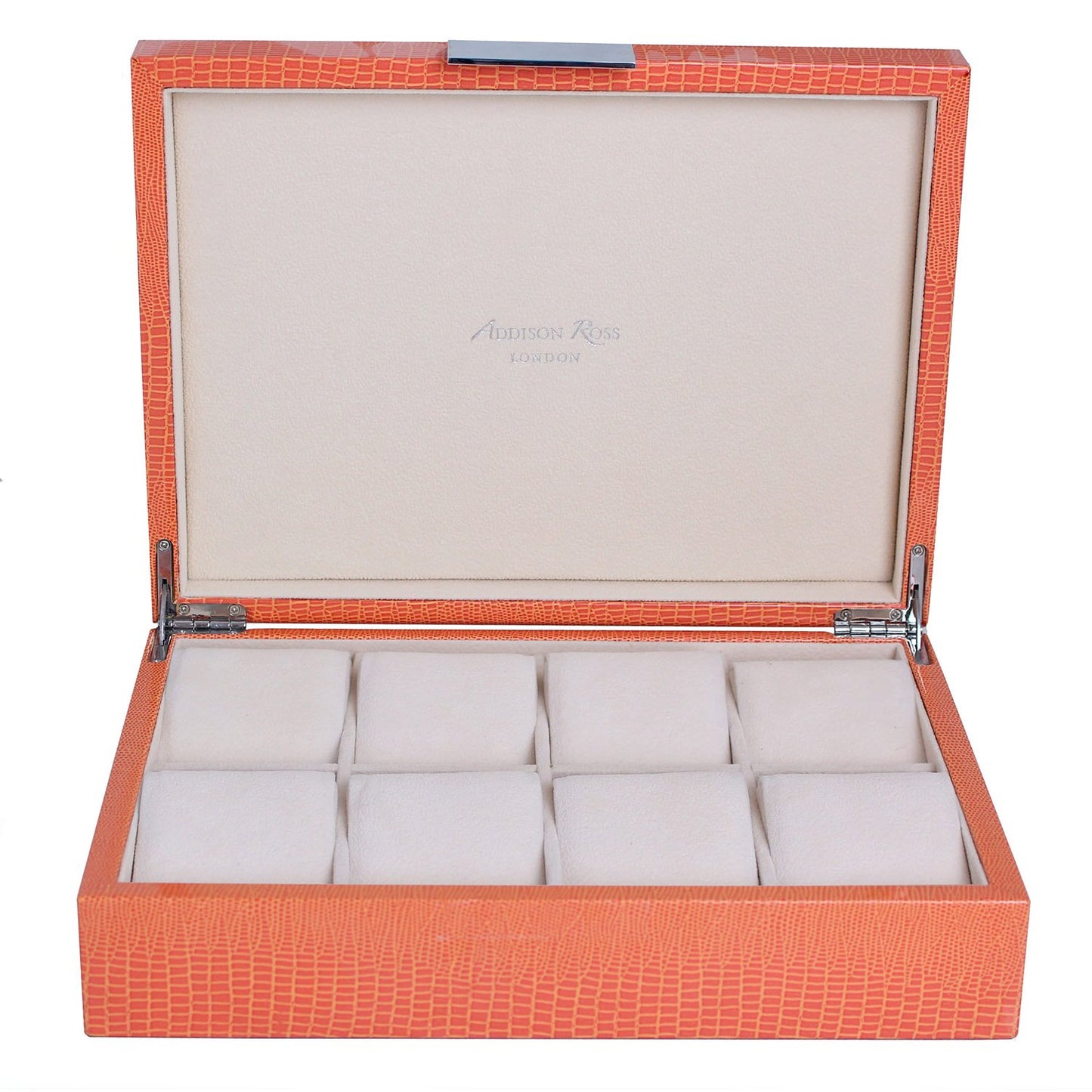 Grande scatola per orologi in coccodrillo arancione e argento
