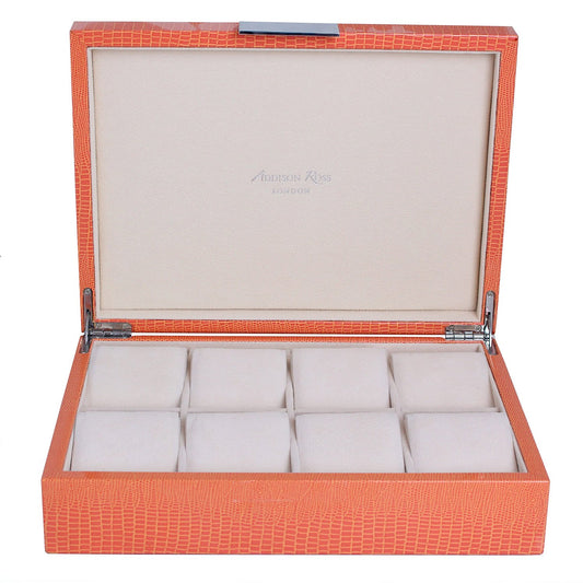 Grande scatola per orologi in coccodrillo arancione e argento