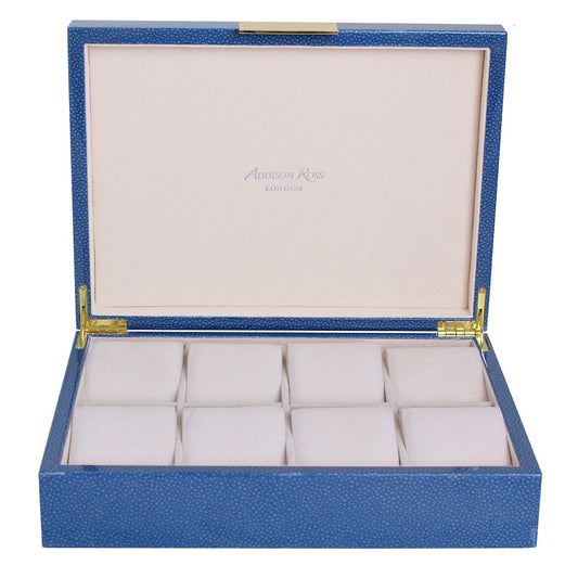 Grande boîte à montres en galuchat bleu avec or