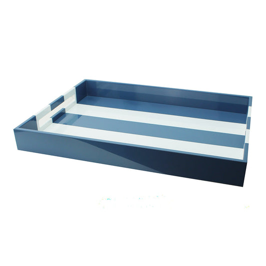 Denim Blue Striped Large Lacquered Ottoman Tray