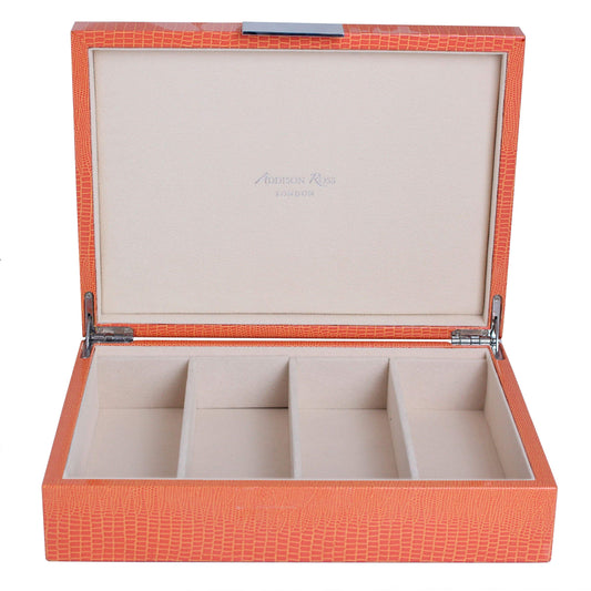 Caja grande para gafas de cocodrilo naranja y plata
