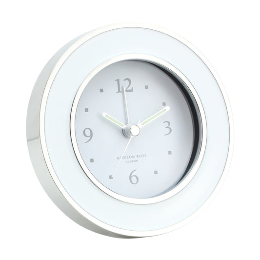 Reloj despertador silencioso blanco y plateado